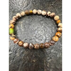 Natural Zebra Jasper‎ Stretch Bracelet with Green Ceramic Accent Beads | Boho